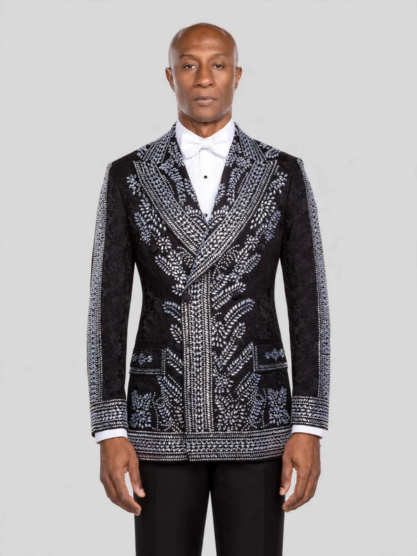 Onyx Silver Fern Crystal Peak-Lapel Double-Breasted Tuxedo Jacket - cover