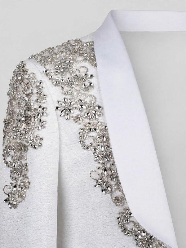Ivory Silver Crystal Floral Diagonal Shawl-Collar Tuxedo Jacket 08