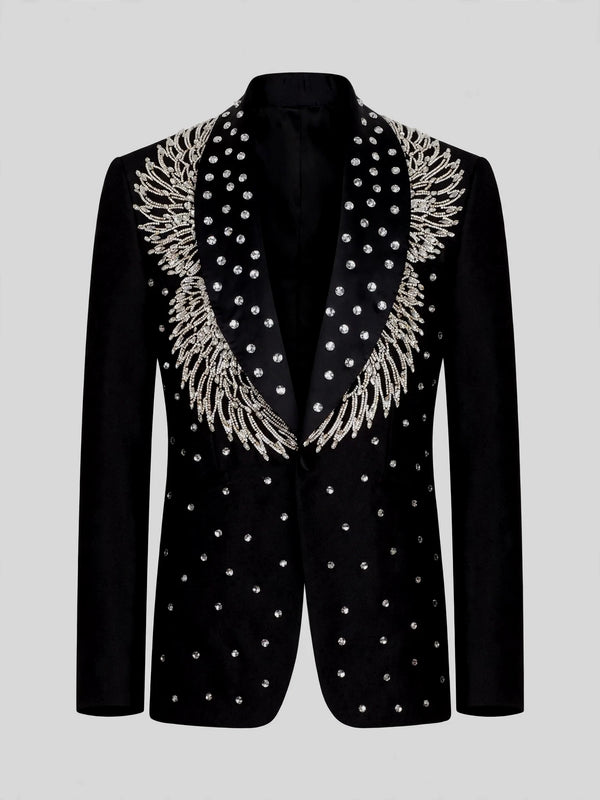 Onyx Silver Crystal Feather-Frond Shawl-Collar Tuxedo Jacket 07