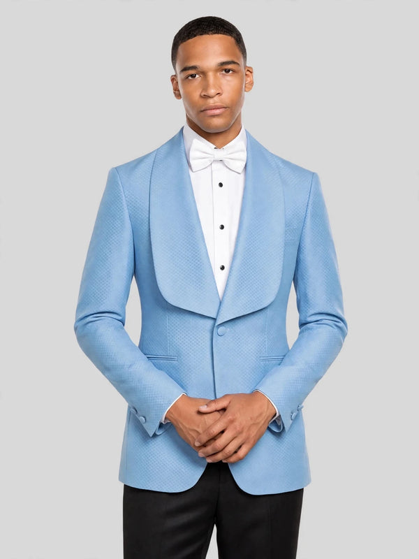Sky Blue Diamond-Texture Shawl-Collar Tuxedo Jacket 03