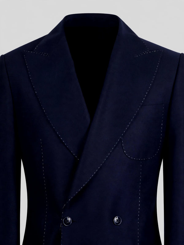 Midnight Navy Bold Pick-Stitch Patch-Pocket Peak-Lapel Double-Breasted Tuxedo Jacket 08