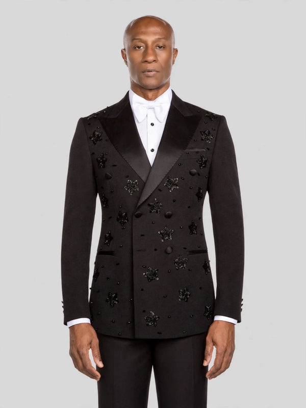 Onyx Jet Star-Bead Peak-Lapel Double-Breasted Tuxedo Jacket - cover