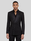 Onyx Jet Floral-Grid Asymmetric Shawl-Collar Double-Breasted Tuxedo Jacket 04
