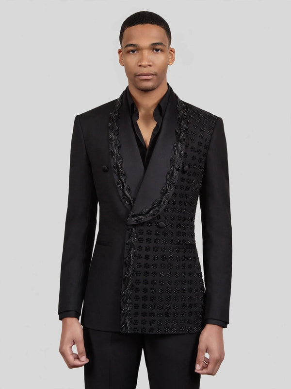 Onyx Jet Floral-Grid Asymmetric Shawl-Collar Double-Breasted Tuxedo Jacket 04