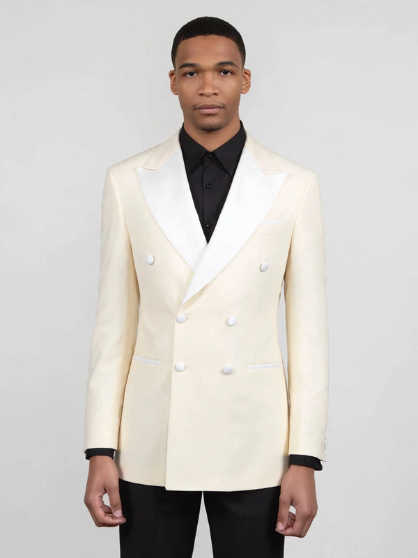 Cream White Satin Peak-Lapel Double-Breasted Tuxedo Jacket 04
