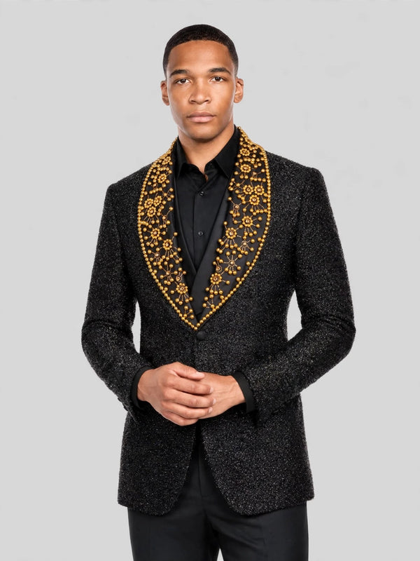 Onyx Gold Pearl-Floral Shawl-Collar Tuxedo Jacket 04