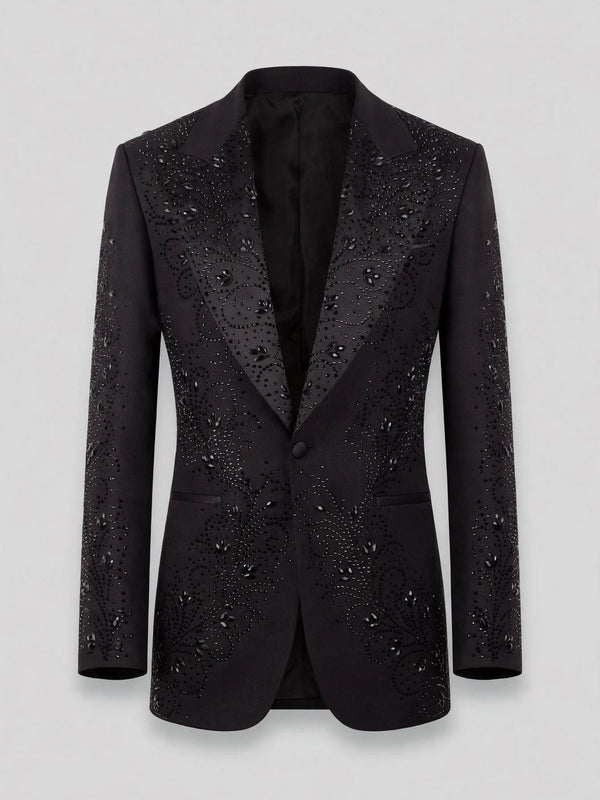 Onyx Jet Paisley-Scatter Peak-Lapel Tuxedo Jacket 07