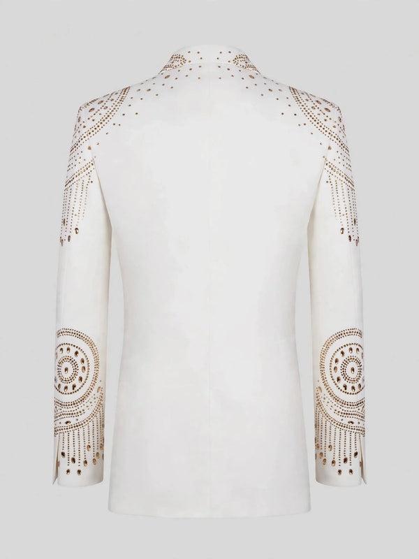 Ivory Gold Crystal Mandala Peak-Lapel Tuxedo Jacket 09