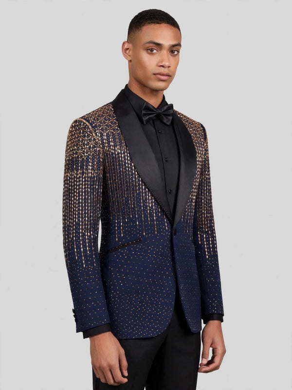 Midnight Gold Crystal Gradient Shawl-Collar Tuxedo Jacket 06