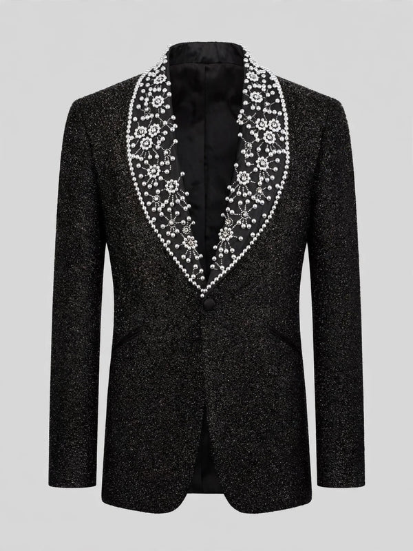 Onyx Silver Pearl-Floral Shawl-Collar Tuxedo Jacket 07
