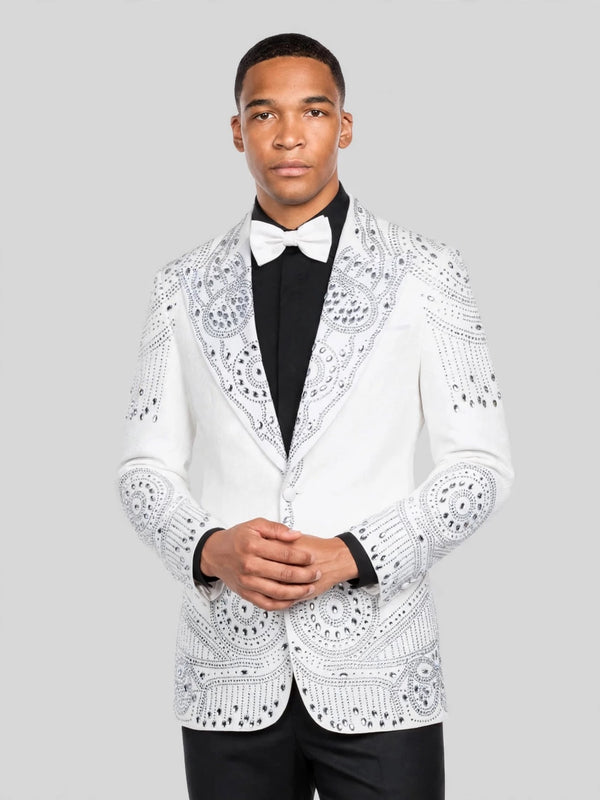 Ivory Silver Crystal Medallion Peak-Lapel Tuxedo Jacket 05