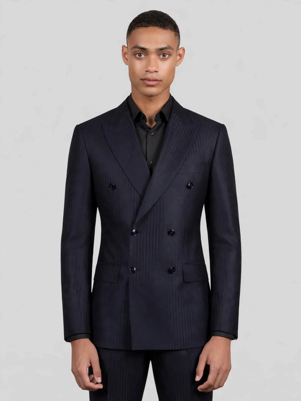 Midnight Navy Shadow-Stripe Peak-Lapel Double-Breasted Suit Jacket 04