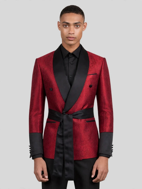 Crimson Shimmer Satin Shawl-Collar Sash-Belt Two-Button Double-Breasted Tuxedo Jacket 04