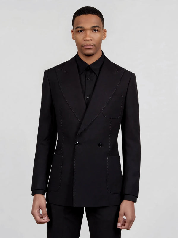 Onyx Pick-Stitch Patch-Pocket Peak-Lapel Double-Breasted Tuxedo Jacket 04