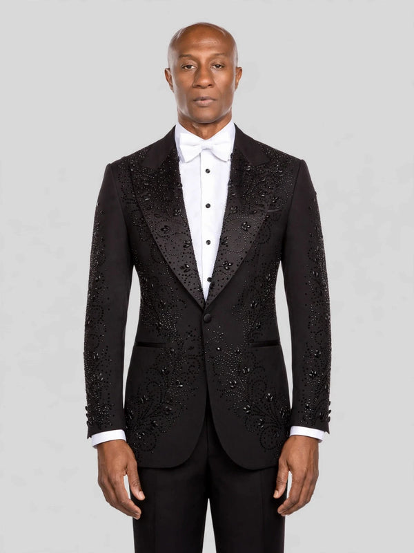 Onyx Jet Paisley-Scatter Peak-Lapel Tuxedo Jacket - cover