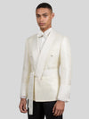 Ivory Cream Micro-Weave Satin Shawl-Collar Belted Double-Breasted Tuxedo Jacket 03
