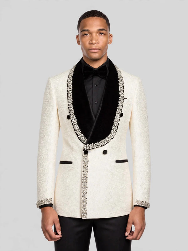 Cream Silver Crystal Velvet Shawl-Collar Double-Breasted Tuxedo Jacket 06