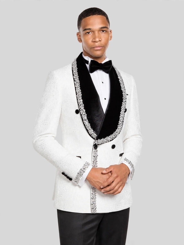 Ivory Silver Crystal Velvet Shawl-Collar Double-Breasted Tuxedo Jacket 02