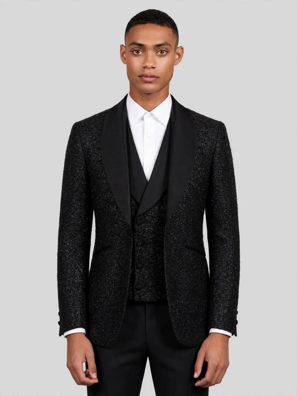 Onyx Glitter-Tweed Satin Shawl-Collar Tuxedo Jacket 01