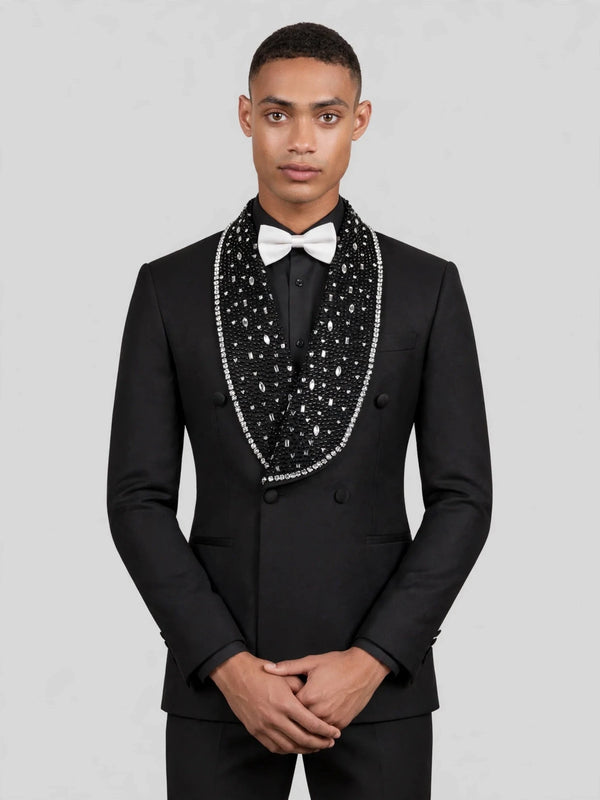 Onyx Silver Crystal-Scatter Beaded Shawl-Collar Double-Breasted Tuxedo Jacket 05