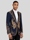 Midnight Navy Gold Crystal Floral Shawl-Collar Tuxedo Jacket 03
