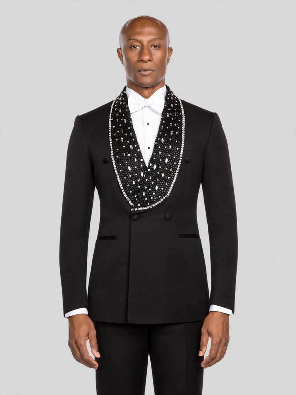 Onyx Silver Crystal-Scatter Beaded Shawl-Collar Double-Breasted Tuxedo Jacket - cover