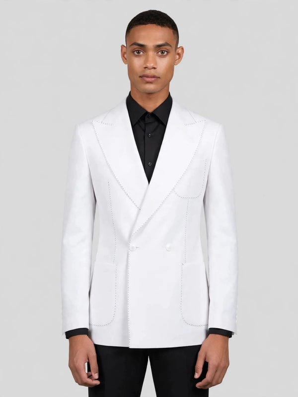 Snow White Pick-Stitch Patch-Pocket Peak-Lapel Double-Breasted Tuxedo Jacket 04