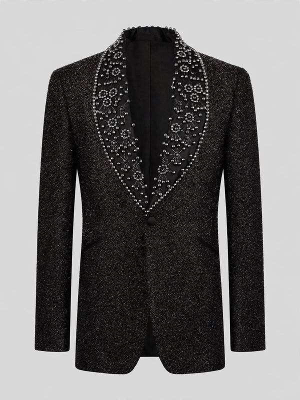Onyx Silver Pearl-Ring Shawl-Collar Tuxedo Jacket 07