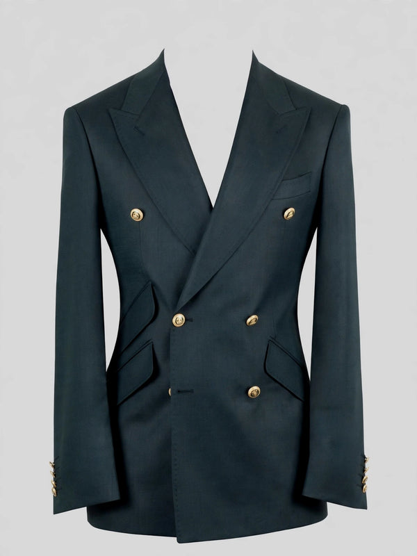 Slate Teal Gold-Button Slant-Flap Peak-Lapel Double-Breasted Suit Jacket 07