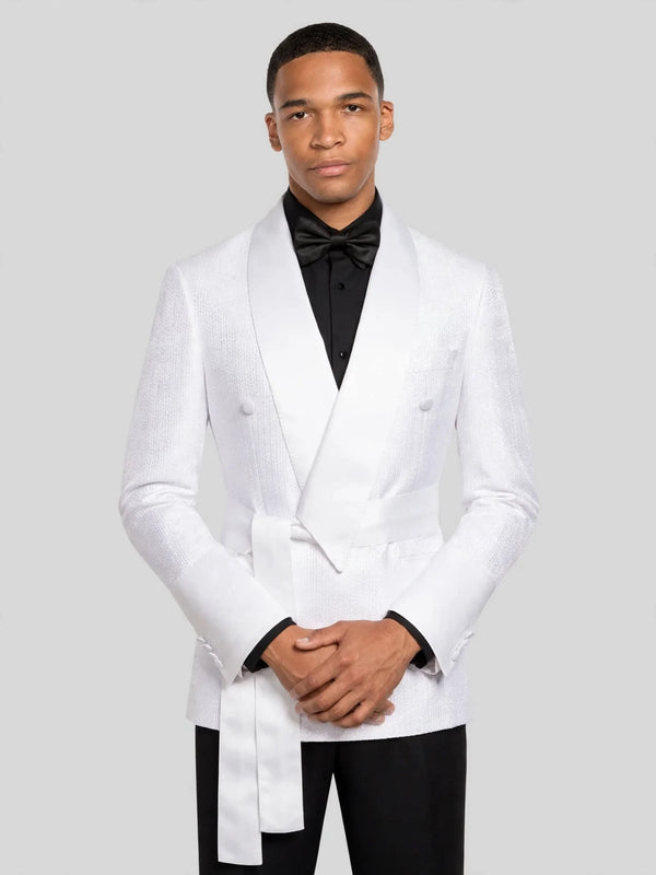 Snow White Micro-Dot Satin Shawl-Collar Belted Double-Breasted Tuxedo Jacket 06