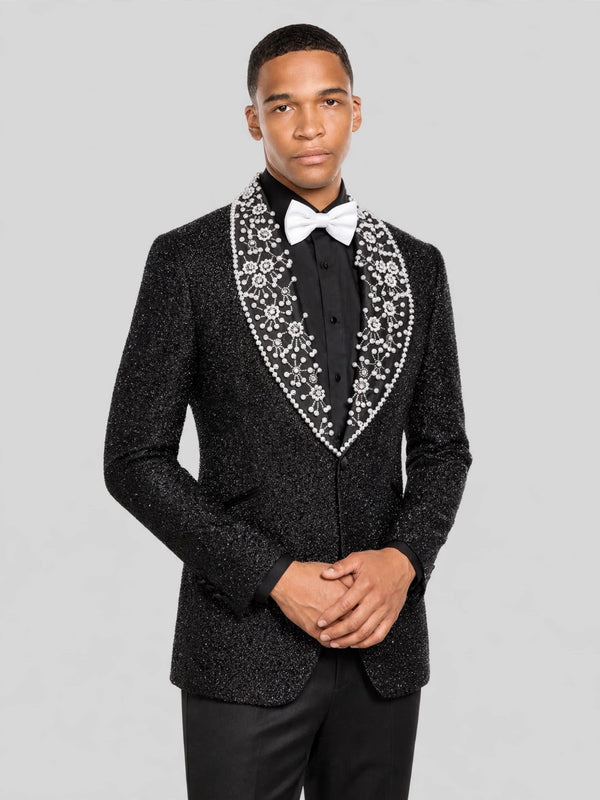 Onyx Silver Pearl-Floral Shawl-Collar Tuxedo Jacket 05
