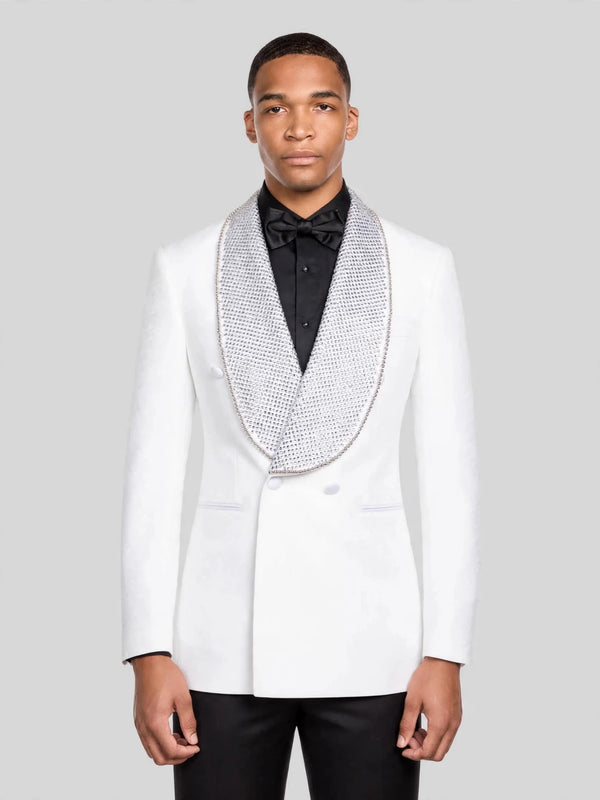 Ivory Crystal-Mesh Shawl-Collar Double-Breasted Tuxedo Jacket 06