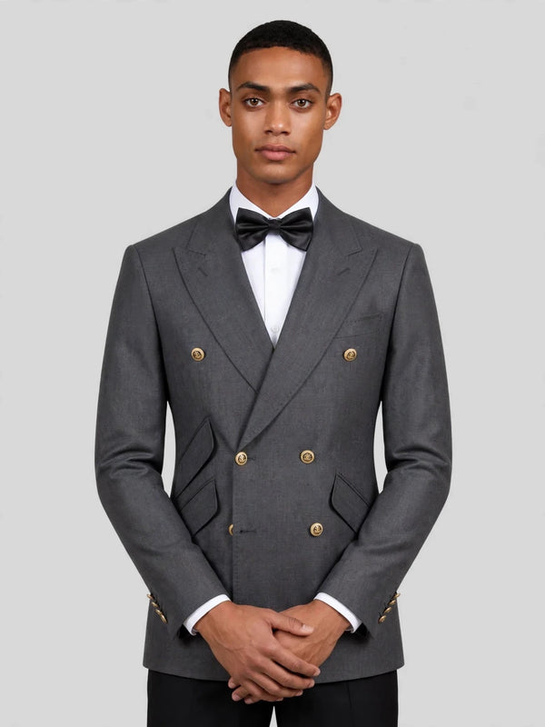 Charcoal Grey Gold-Button Slant-Flap Peak-Lapel Double-Breasted Suit Jacket 02