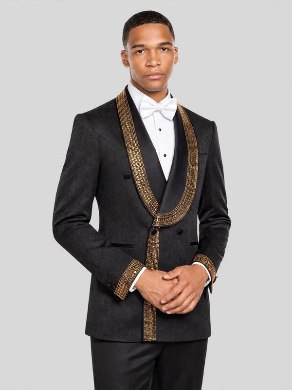 Onyx Gold Beaded-Grid Shawl-Collar Double-Breasted Tuxedo Jacket 03