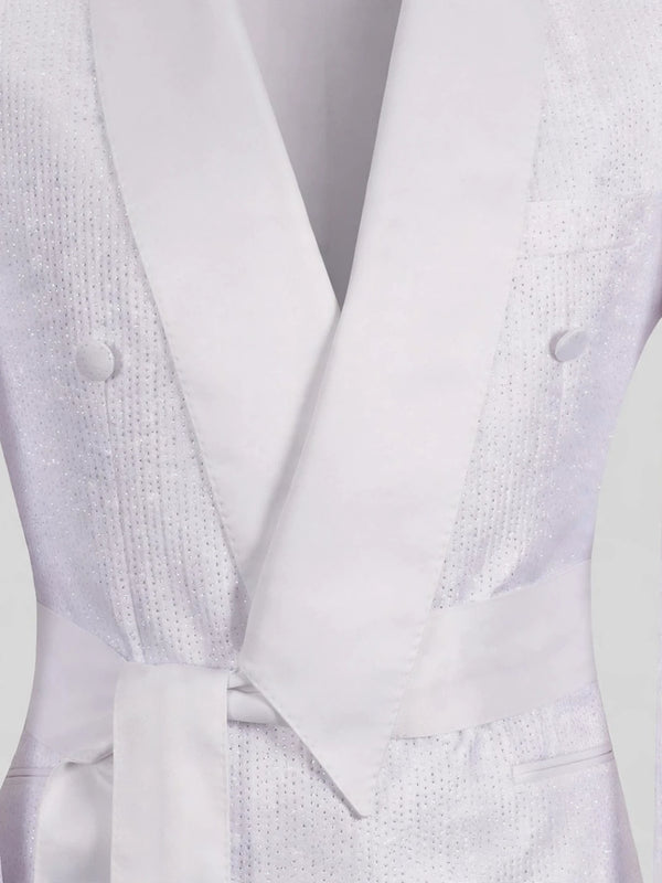 Snow White Micro-Dot Satin Shawl-Collar Belted Double-Breasted Tuxedo Jacket 08