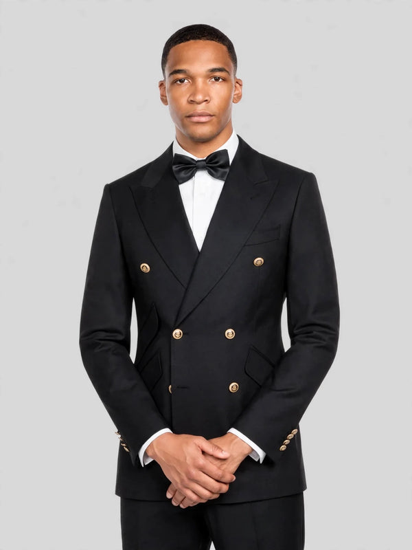 Onyx Gold-Button Slant-Flap Peak-Lapel Double-Breasted Suit Jacket 02
