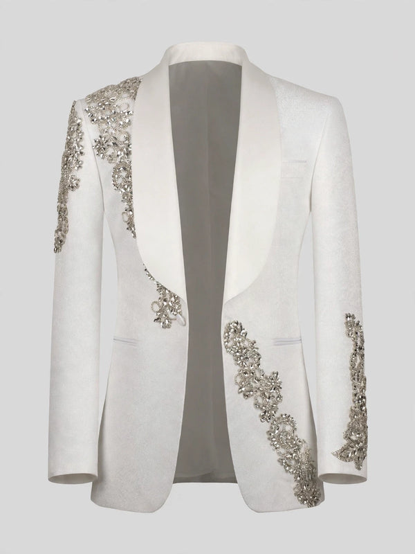 Ivory Silver Crystal Floral Diagonal Shawl-Collar Tuxedo Jacket 07