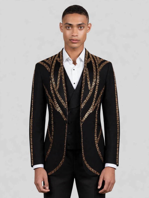Onyx Gold Sequin Wave Peak-Lapel Tuxedo Jacket 01