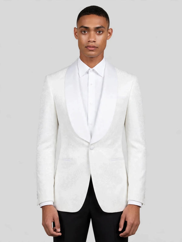Ivory Jacquard Jetted-Pocket Satin Shawl-Collar Tuxedo Jacket 01