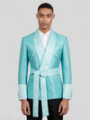 Aqua Mint Micro-Weave Satin Sash-Belt Shawl-Collar Tuxedo Jacket 01