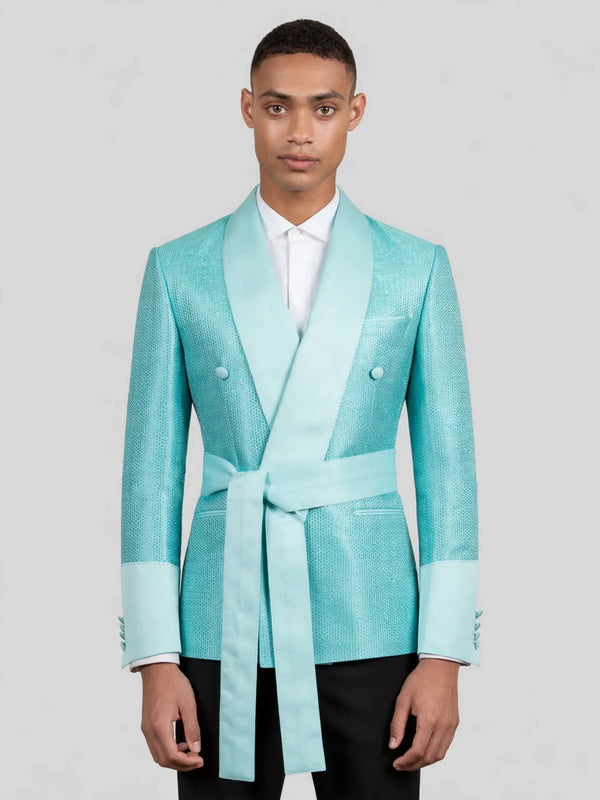 Aqua Mint Micro-Weave Satin Sash-Belt Shawl-Collar Tuxedo Jacket 01