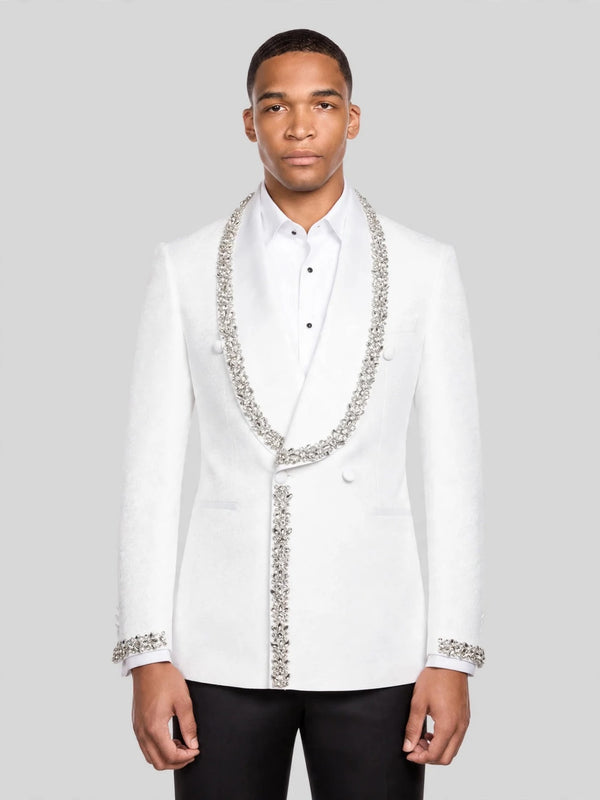 Ivory Silver Crystal-Trim Shawl-Collar Double-Breasted Tuxedo Jacket 01