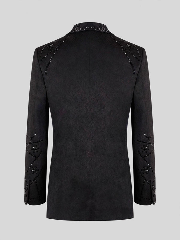 Onyx Jet Constellation-Bead Shawl-Collar Double-Breasted Tuxedo Jacket 09