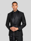 Onyx Ribbed-Weave Satin Shawl-Collar Sash-Belt Two-Button Double-Breasted Tuxedo Jacket 06
