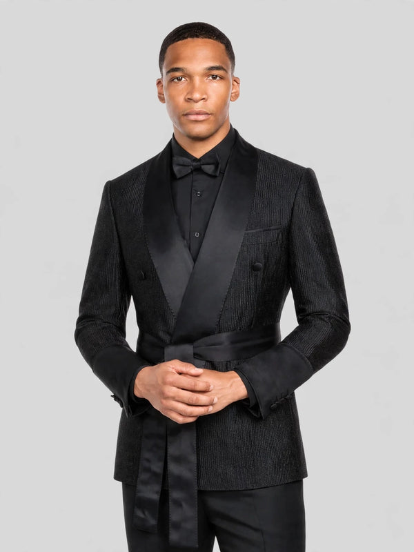 Onyx Ribbed-Weave Satin Shawl-Collar Sash-Belt Two-Button Double-Breasted Tuxedo Jacket 06