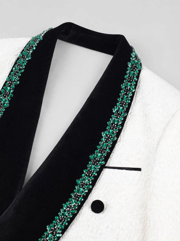 Ivory Emerald-Leaf Velvet Shawl-Collar Double-Breasted Tuxedo Jacket 08