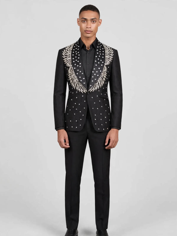 Onyx Silver Crystal Feather-Frond Shawl-Collar Tuxedo Jacket 04