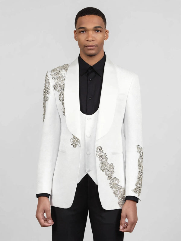 Ivory Silver Crystal Floral Diagonal Shawl-Collar Tuxedo Jacket 04
