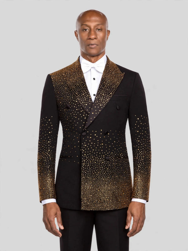 Onyx Gold Gradient Crystal-Dot Peak-Lapel Double-Breasted Tuxedo Jacket - cover