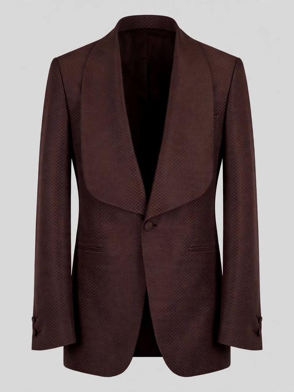 Chocolate Brown Diamond-Texture Shawl-Collar Tuxedo Jacket 07